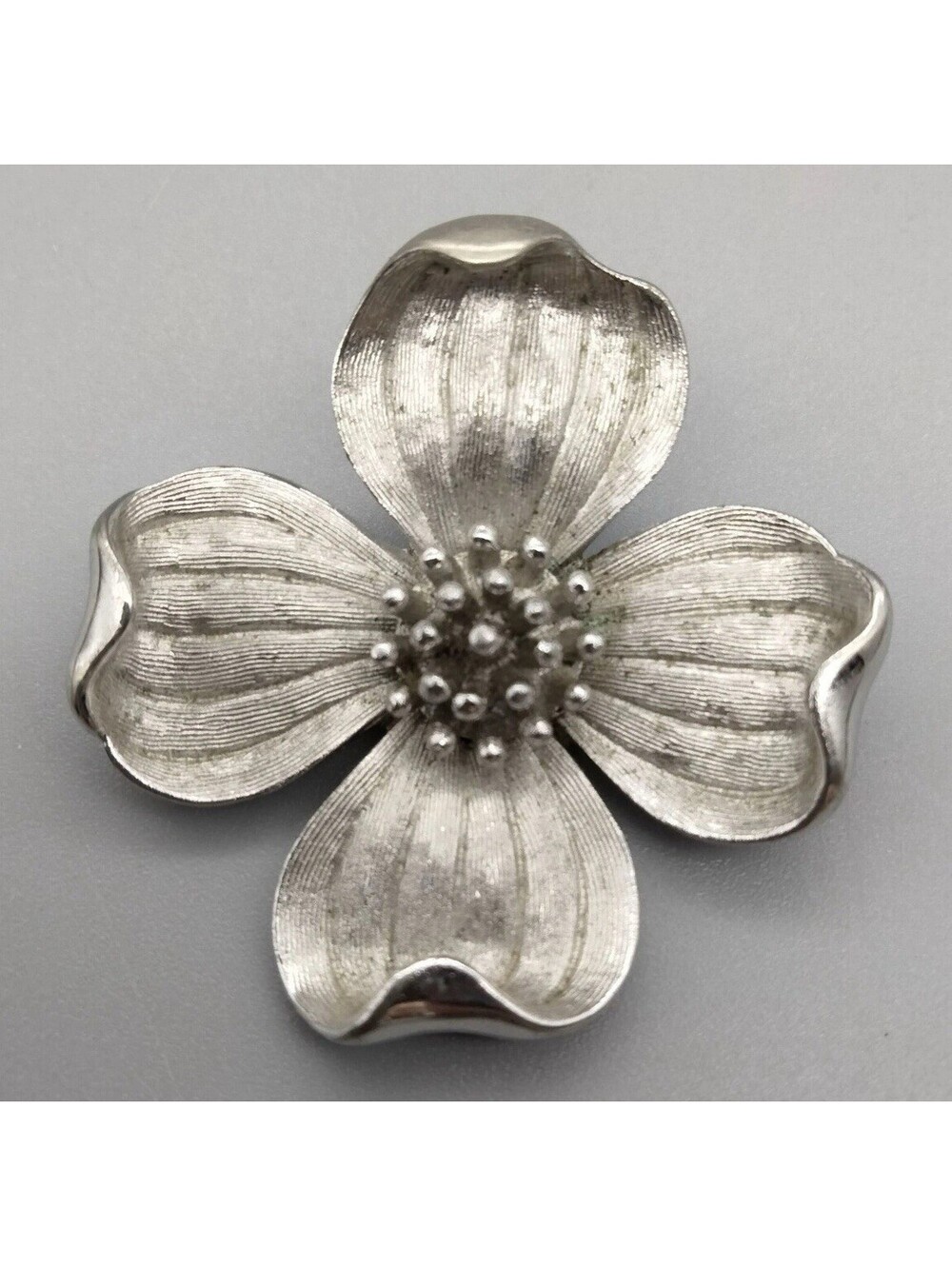 Crown Trifari Textured Dogwood Flower Brooch Pin Silver Tone Vintage 1960's